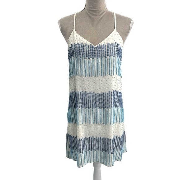 Parker Finn Beaded Silk Slip Dress Cocktail Party Wedding Guest Blue White Small - Picture 2 of 11